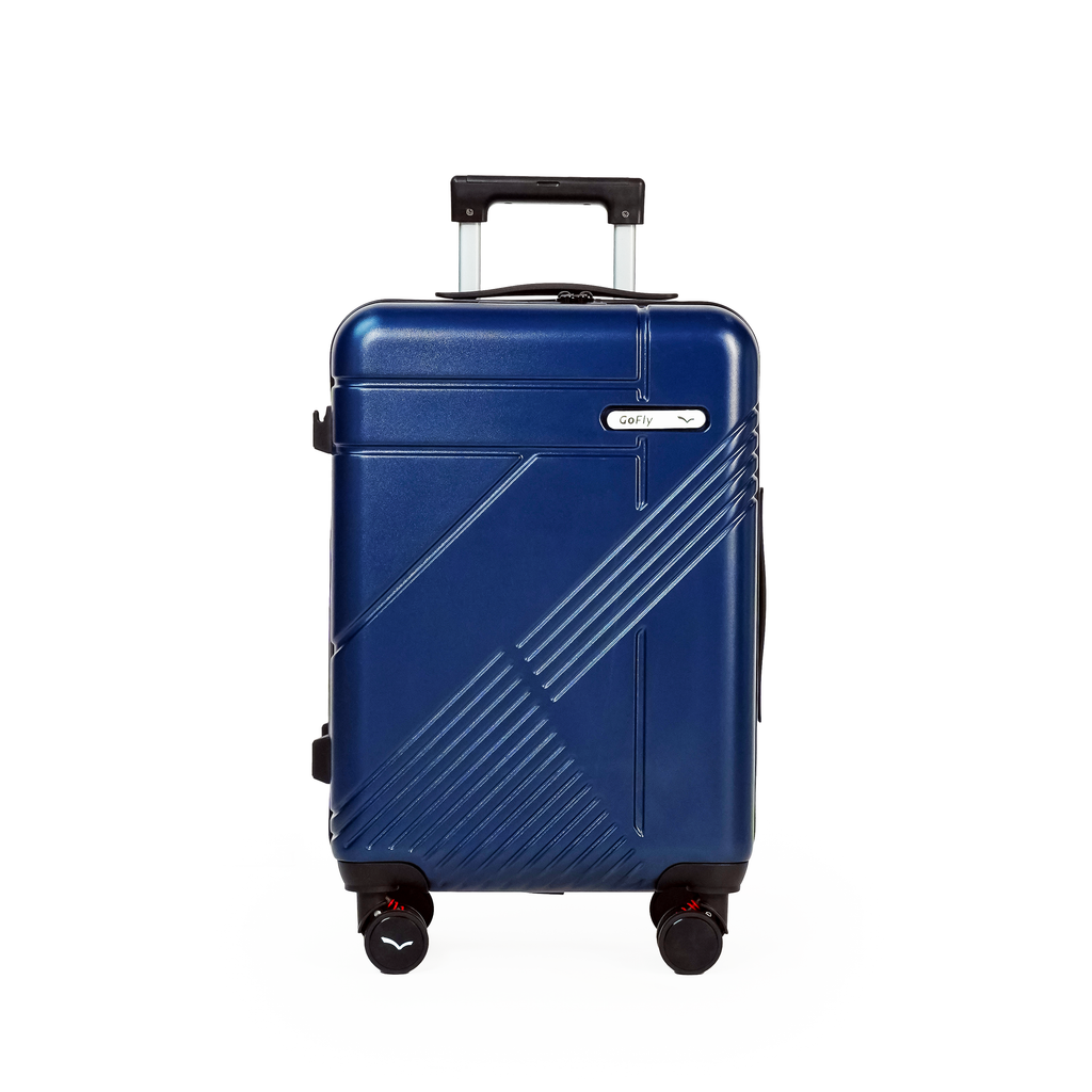 Blue suitcase with a brand logo on a white background