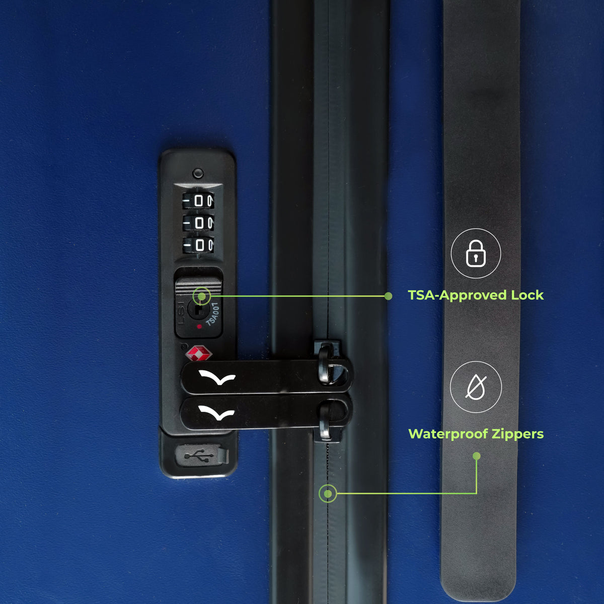 Blue suitcase with TSA-approved lock and waterproof zippers labeled on a blue background
