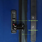 Blue suitcase with TSA-approved lock and waterproof zippers labeled on a blue background