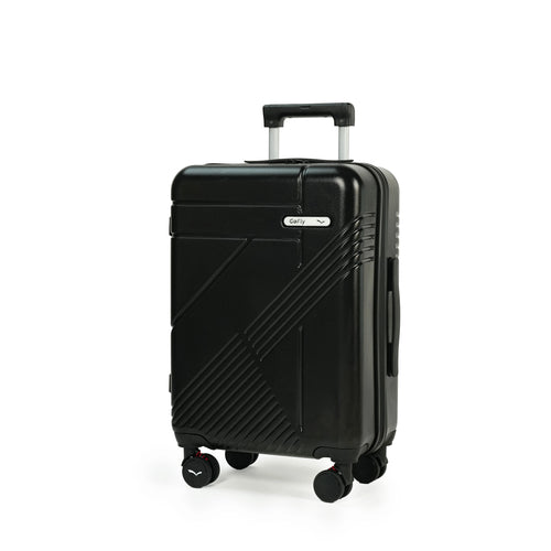 Black suitcase with a visible brand logo on a white background