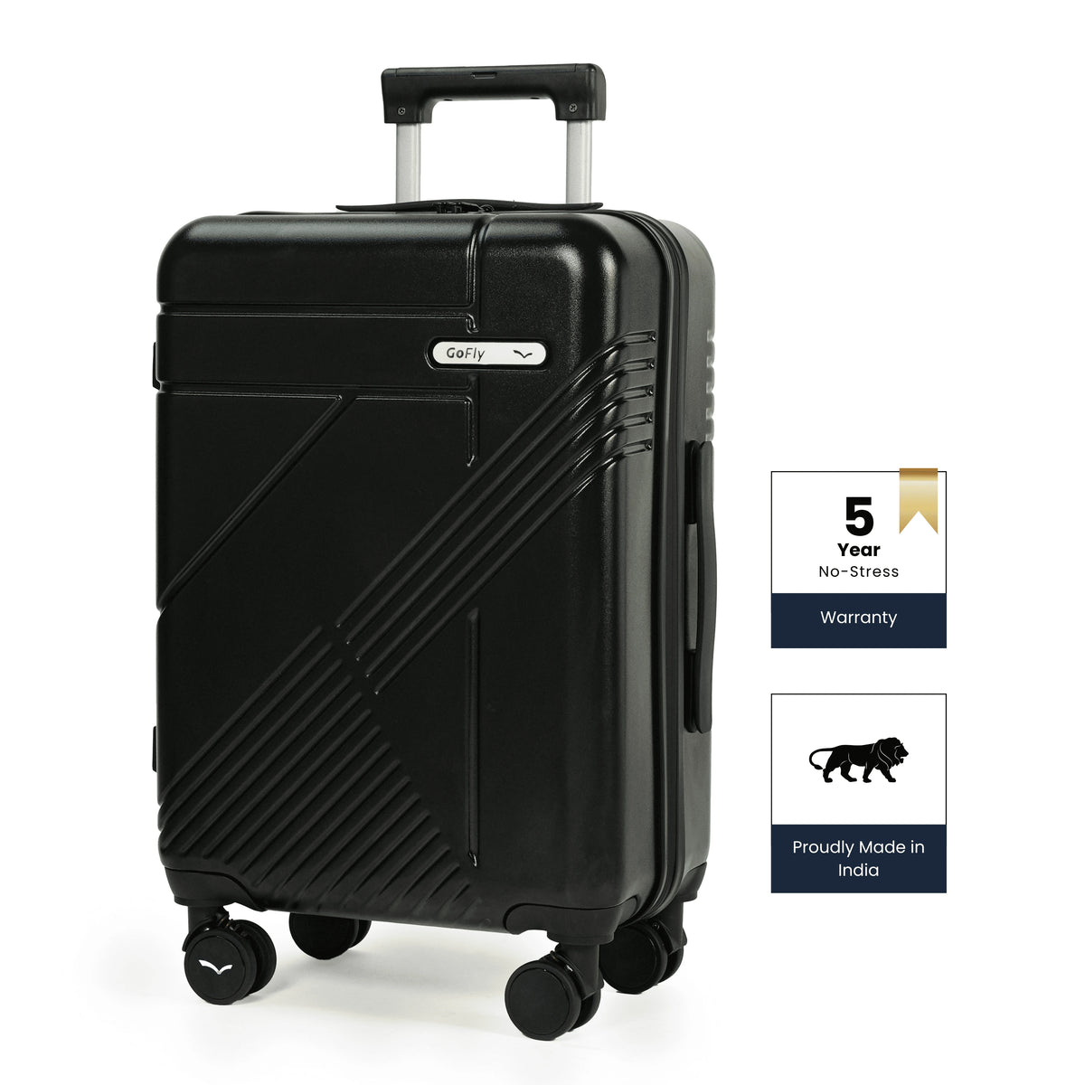 Black suitcase with a warranty label on a white background