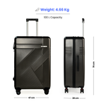 Black suitcase with dimensions and weight information on a white background