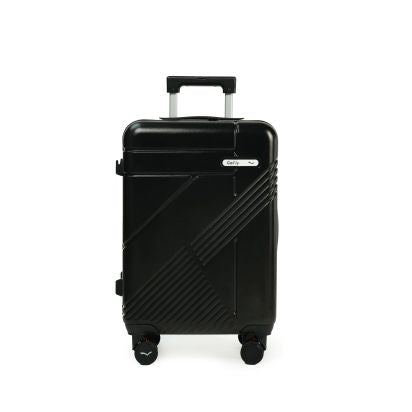 Black suitcase with a brand logo on a white background