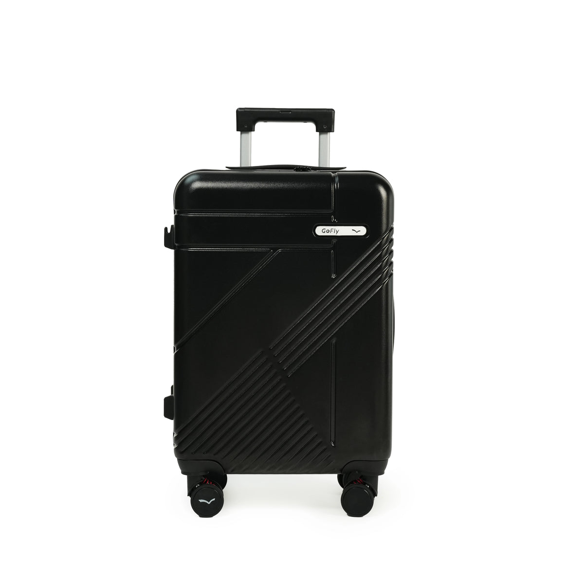 Black suitcase with a visible brand logo on a white background