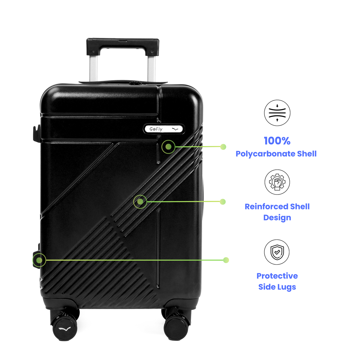 Black suitcase with features highlighted on a white background