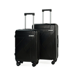 Two black suitcases with wheels on a white background