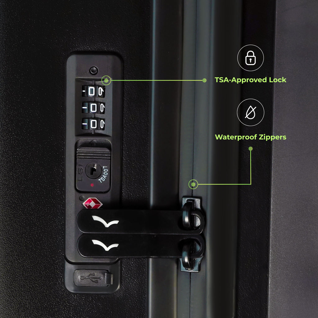 Black suitcase with TSA-approved lock, waterproof zippers, and other features highlighted.