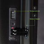 Black suitcase with TSA-approved lock, waterproof zippers, and other features highlighted.