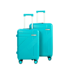 Two turquoise suitcases with wheels on a white background