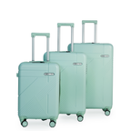 Set of three seafoam green suitcases with visible brand name on a white background