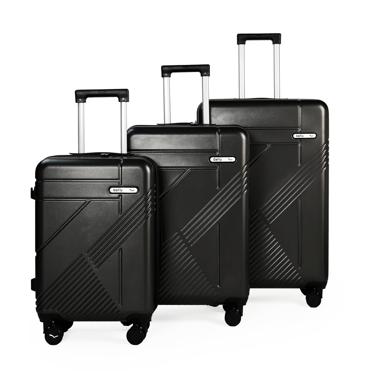 Set of three black suitcases with geometric patterns on a white background