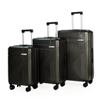 Set of three black suitcases of different sizes on a white background