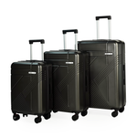 Set of three black suitcases of different sizes on a white background