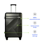 Black suitcase with features highlighted on a white background