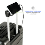 Black suitcase with an ergonomic grip and built-in mobile holder on a white background