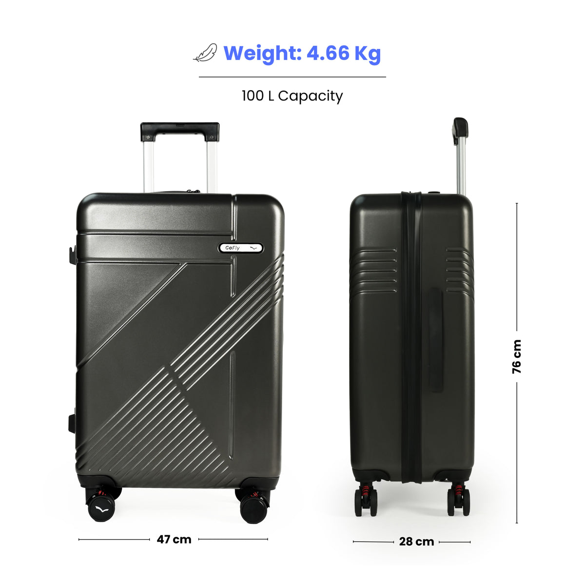 Black suitcase with measurements and capacity details on a white background