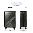 Black suitcase with measurements and capacity details on a white background