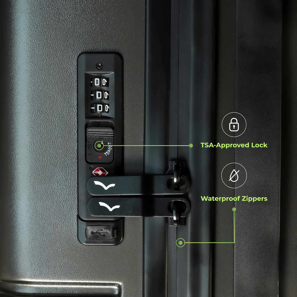 Close-up of a suitcase with TSA-approved lock and waterproof zippers features.