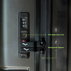 Close-up of a suitcase with TSA-approved lock and waterproof zippers features.